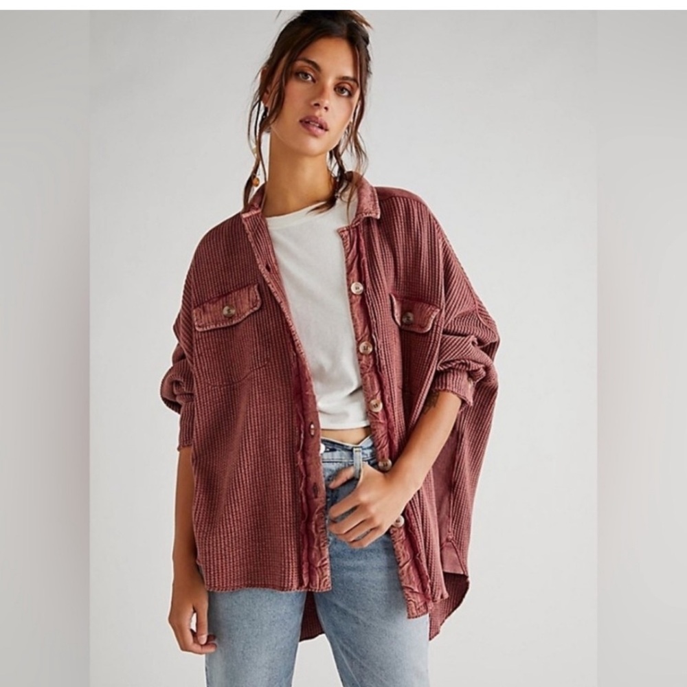 Free People One Scout Oversized Waffle Knit Button Down Jacket